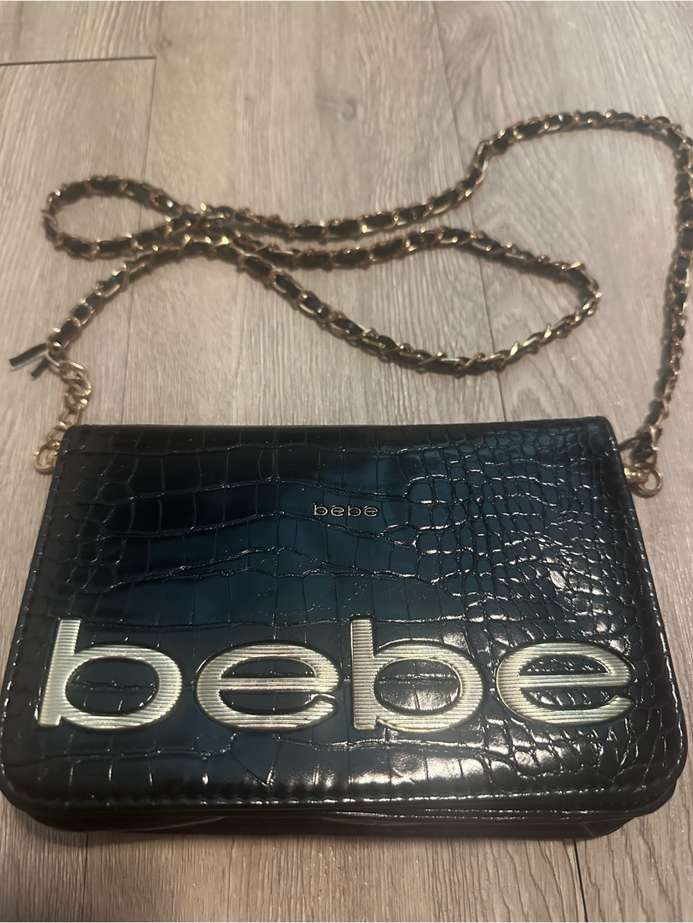Bebe Black Fabiola Stamped Crocodile Crossbody Mini Handbag Purse